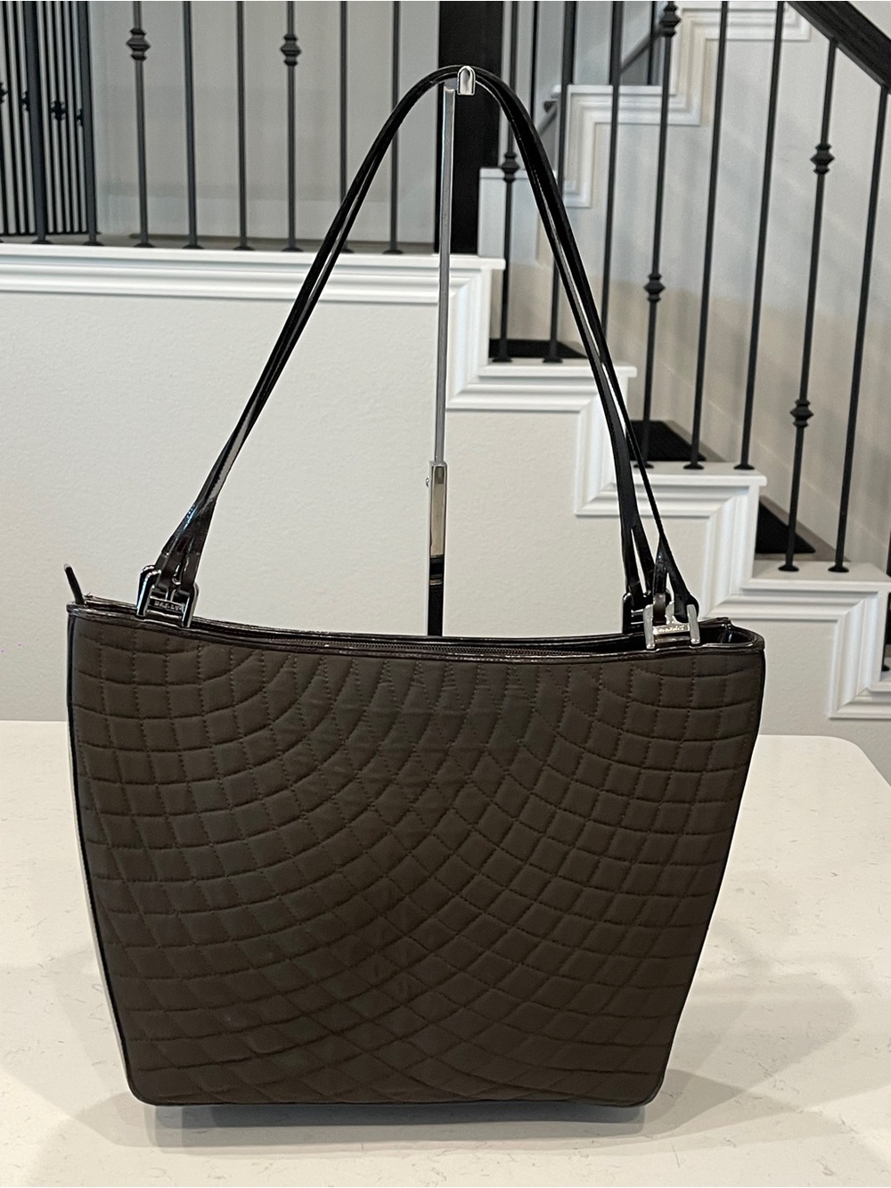 BALLY Quilted Brown Fabric and Leather Trim Tote Shoulder Bag Made in Italy